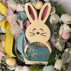 Wooden Bunny Happy Easter Sign with Pastel Accents. 19 inches round